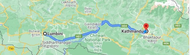 Driving Map from Lumbini to Kathmandu 